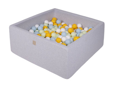 Vierkante ballenbak - Licht grijs met Witte, Gele, Licht groene en Babyblauwe ballen